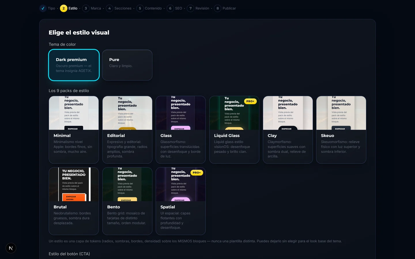 Paso de estilo del AGETIX Builder: nueve packs visuales y siete estilos de botón